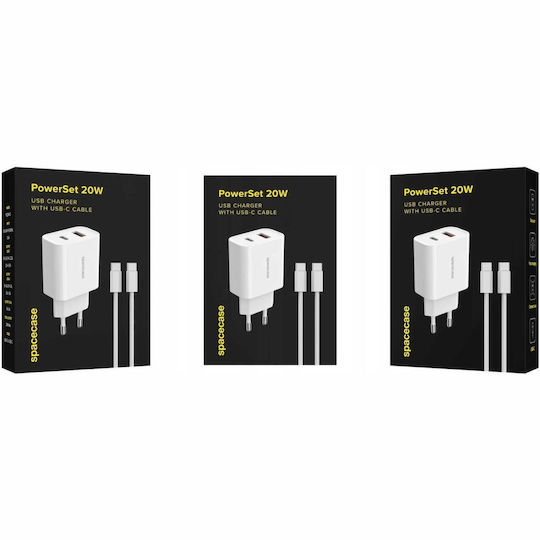 Spacecase Spacecase Handyladegerät mit USB-A Ausgangsanschluss, USB-C Ausgangsanschluss und Kabel USB-C - USB-C 20W Stromlieferung / Schnellladetechnologie 3.0 Weiß