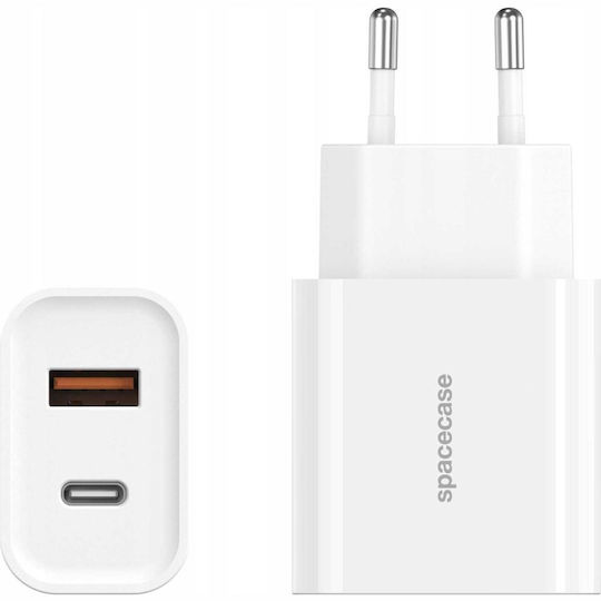 Spacecase Spacecase Handyladegerät mit USB-A Ausgangsanschluss, USB-C Ausgangsanschluss und Kabel USB-C - USB-C 20W Stromlieferung / Schnellladetechnologie 3.0 Weiß