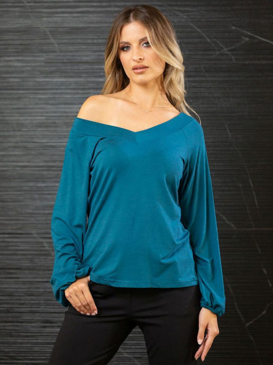 Women's Blouse Long Sleeve with V Neckline Petrol Blue