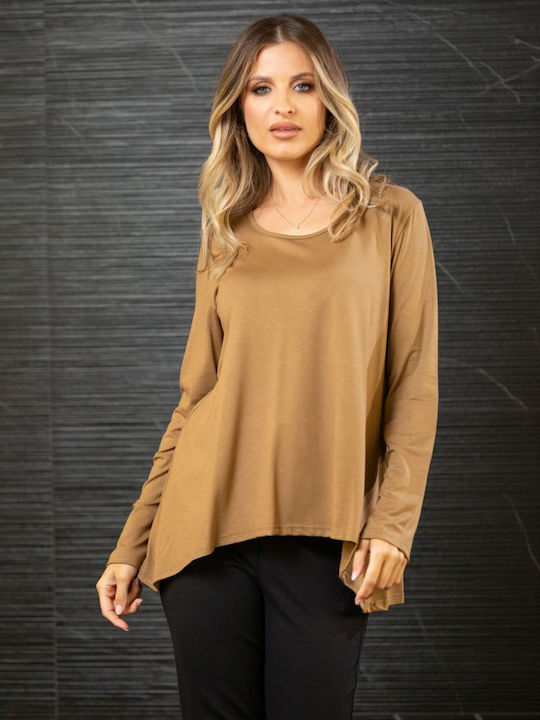 Women's Blouse Long Sleeve with V Neckline Beige