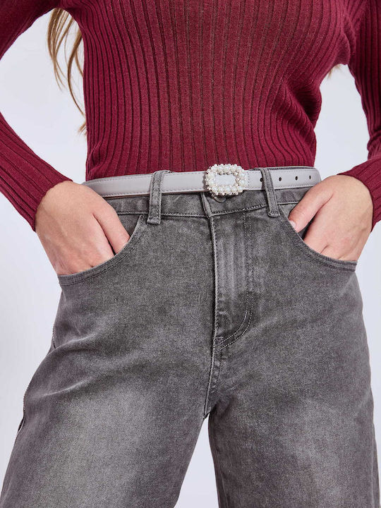 Celestino Women's Belt Leatherette Pearls on the Buckle Gray