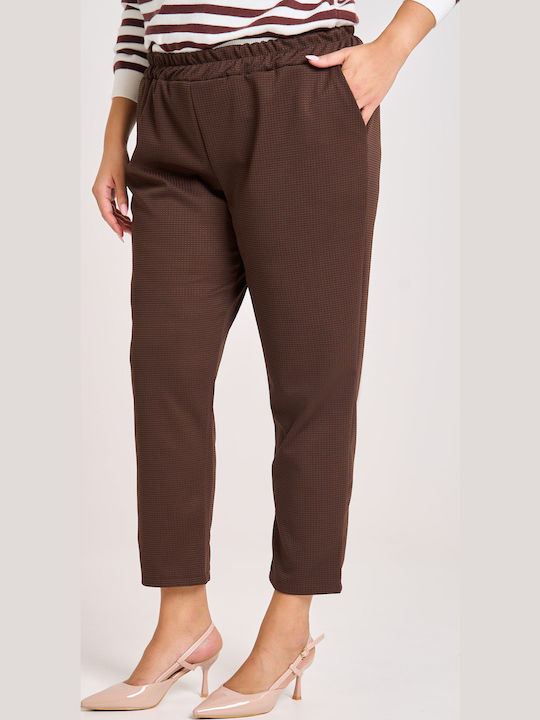 Women's Fabric Trousers with Elastic Carrot Fit Checked Brown