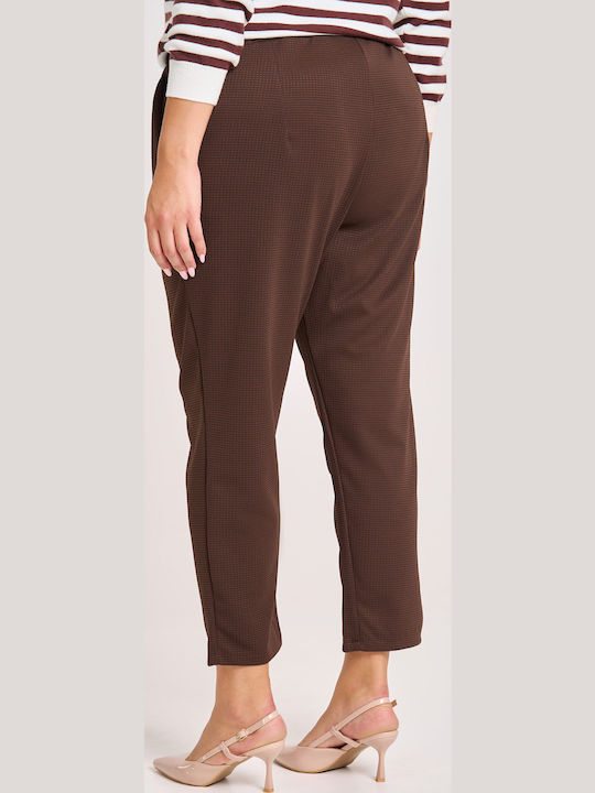 Women's Fabric Trousers with Elastic Carrot Fit Checked Brown