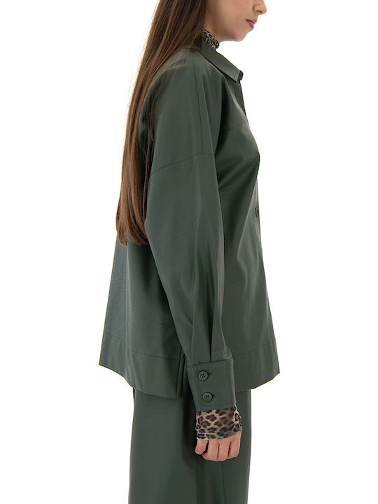 Women's Leather Long Sleeve Shirt Khaki
