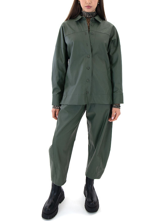 Women's Leather Long Sleeve Shirt Khaki
