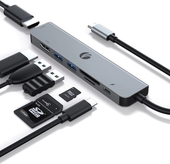 VCom 7-in-1 USB-C Докинг станция с HDMI 4K PD и свързване 2 монитора Сив