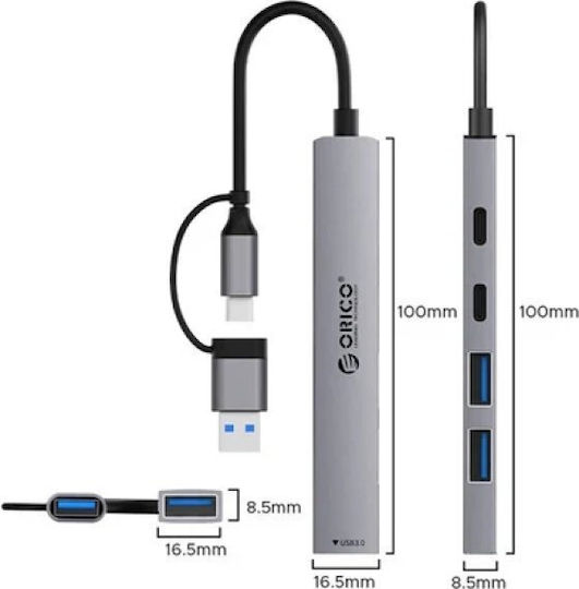 Orico Хъб 5 Порта USB 3.0 с Връзка USB-A / USB-C Сив
