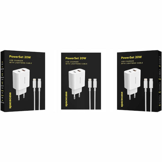 Spacecase Charger with USB-A Port and USB-C Port and Cable USB-C - Lightning 20W Power Delivery / Quick Charge 3.0 Whites (PowerSet)