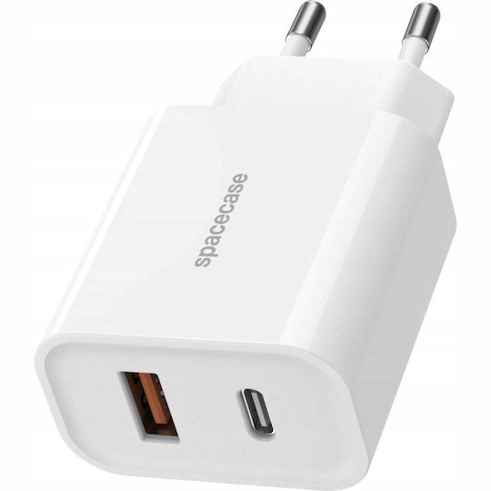 Spacecase Charger with USB-A Port and USB-C Port and Cable USB-C - Lightning 20W Power Delivery / Quick Charge 3.0 Whites (PowerSet)