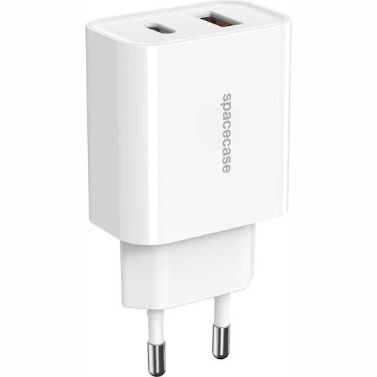 Spacecase Charger with USB-A Port and USB-C Port and Cable USB-C - Lightning 20W Power Delivery / Quick Charge 3.0 Whites (PowerSet)