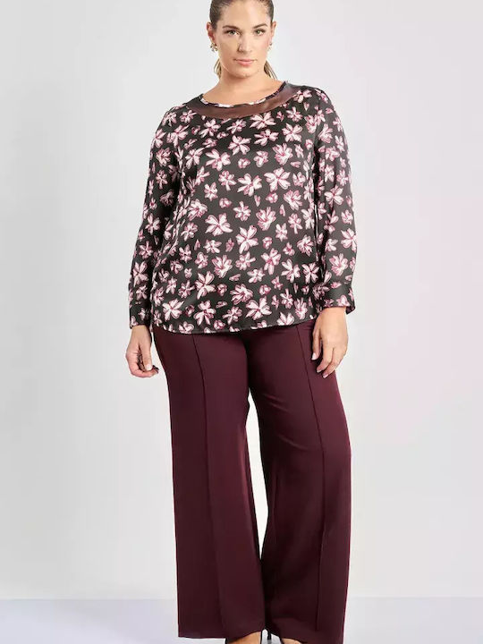 Women's Blouse Satin Long Sleeve Floral Black