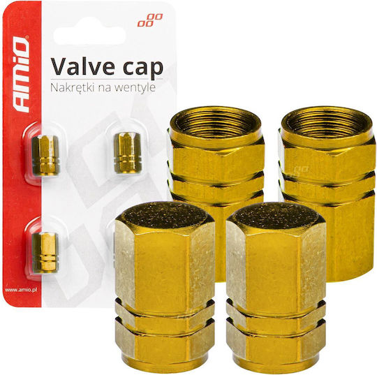 Set 4 Aluminum Valve Caps Hexagon Model Yellow Color
