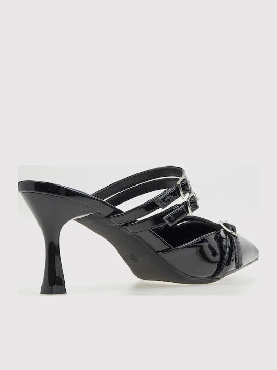 Women's Mules from Patent Leather with Thin High Heel in Black Color