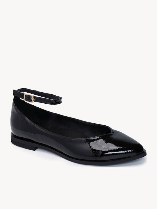 Black Patent Leather Ballerina Shoes With Ankle Strap