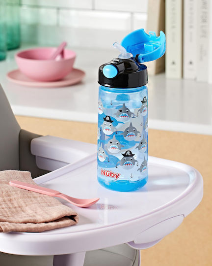Nuby Taza Shark Kids Water Bottle Plastic with Straw Light Blue 540ml