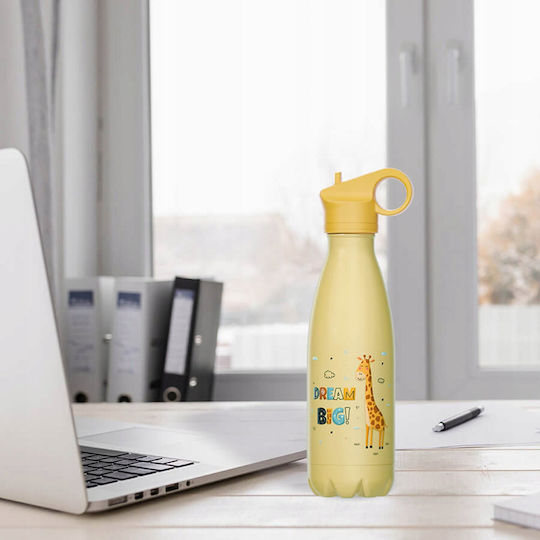 Maestro Stainless Steel Plastic Thermos Bottle 400ml Children Yellow Giraffe with Straw