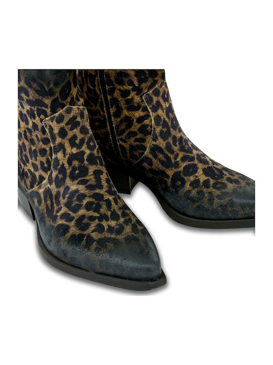 Suede Women's Cowboy Boots with Medium Heel Taupe Maculato