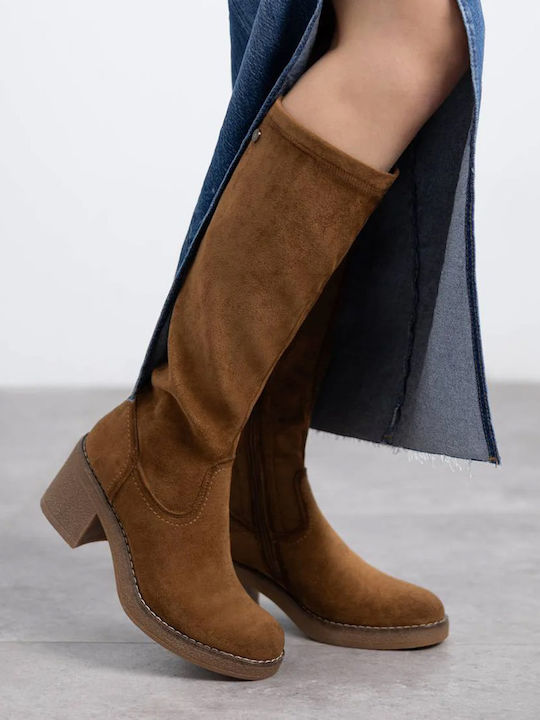 Suede Medium Heel Women's Boots Tabac Brown
