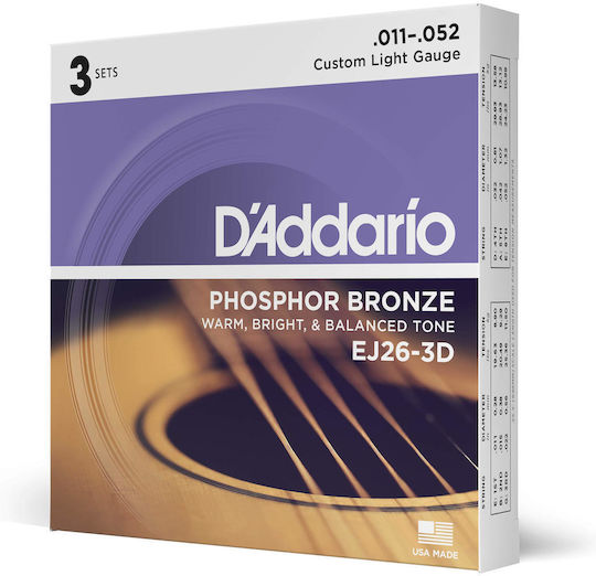 Daddario Akustikgitarrensaiten Set Phosphor-Bronze Für Akustikgitarre 11 - 52 Zoll Custom Light 3 Stück