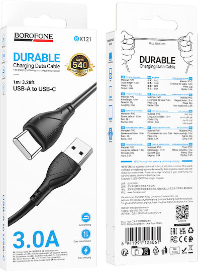 Borofone USB 2.0 Cable USB-C male - USB-A 18W Μαύρο 1m