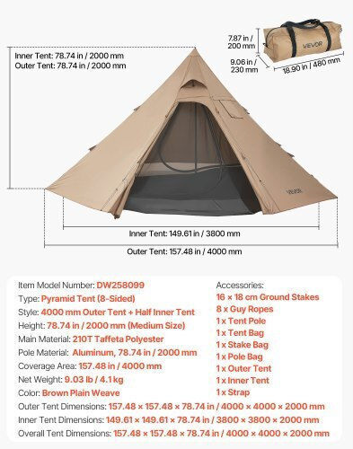 Vevor Camping Tent Teepee Brown with Double Cloth 4 Seasons for 4 People 380x380x200cm