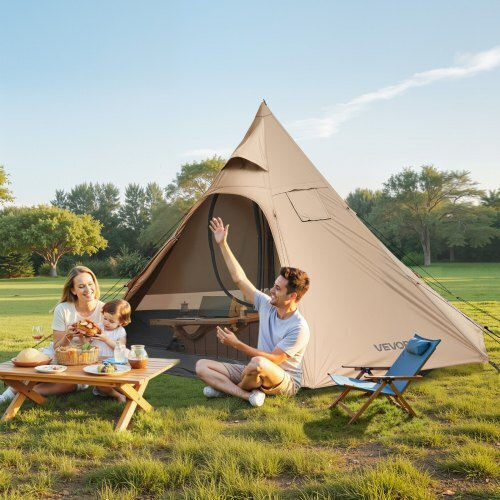 Vevor Camping Tent Teepee Brown with Double Cloth 4 Seasons for 4 People 380x380x200cm
