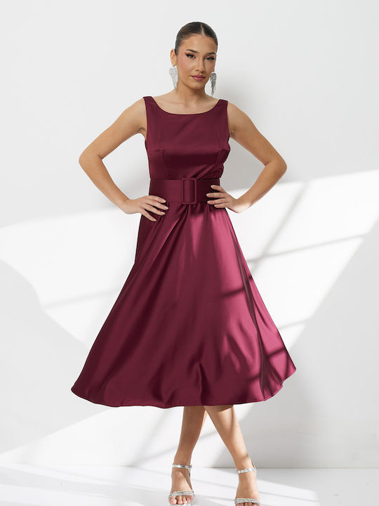 Summer Midi Dress for Wedding / Baptism Satin Open Back Burgundy