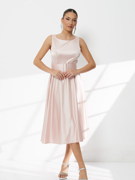 Summer Midi Dress for Wedding / Baptism Satin Open Back Pink