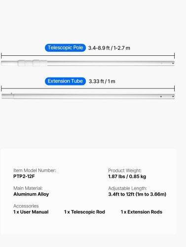 Vevor Telescopic Pool Pole 1-3.65m Cleaning Tools Bcgycqjtjycguec1m001v0