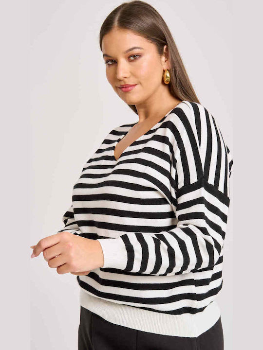 Women's Long Sleeve Sweater with V Neckline Striped Black