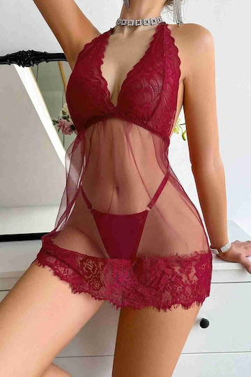 Merry See Sexy Women's Babydoll Lace Sheer Panties Red