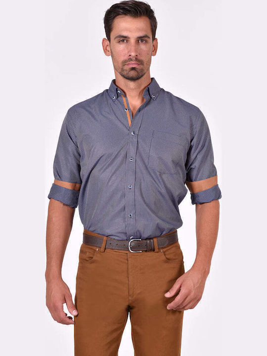 Long-sleeved Cotton Shirt Checked Blue/Camel