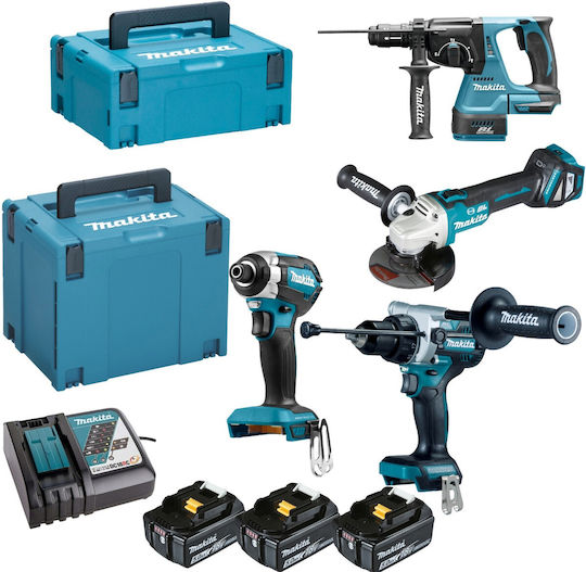 Makita DLX4158TJ Σετ Γωνιακός Τροχός, Δραπανοκατσάβιδο, Μπουλονόκλειδο & Πιστολέτο 18V με 3 Μπαταρίες 5Ah και Θήκη