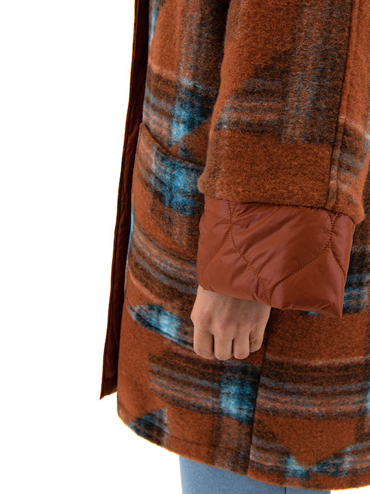 Women's Checked Blue-Orange Coat Oversized with Buttons