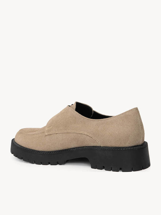 Mocasini Dama Loafers Angora Din Piele Intoarsa Bej Inchis Cu Cataramă Metalică