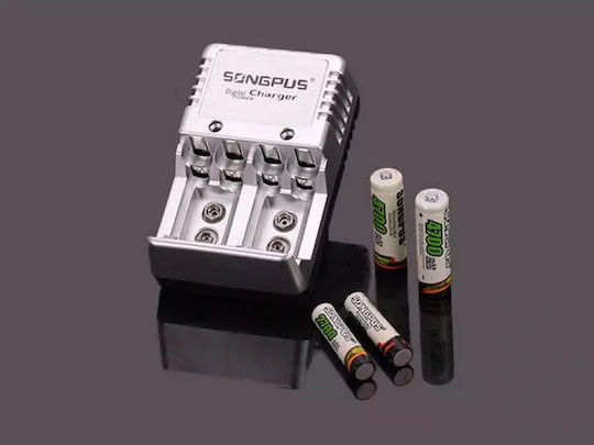 Songpus Charger 4 Batteries Ni-Cd/Ni-MH Size AA/AAA/9V in White color