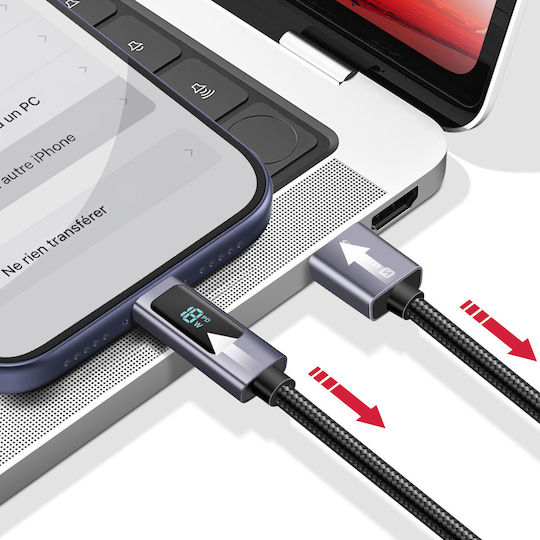 Swissten 3a Зареждане Синхронизация USB Към USB-C 60W Кабел 1.5м LED Екран Черен