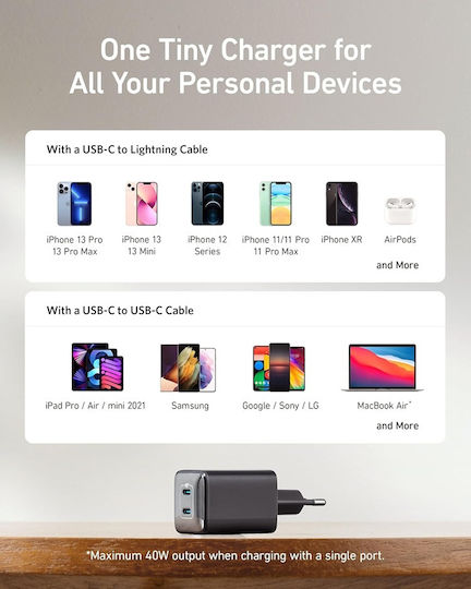 Anker Charger Without Cable GaN with 2 USB-C Ports 40W Power Delivery Whites (521 Nano Pro)