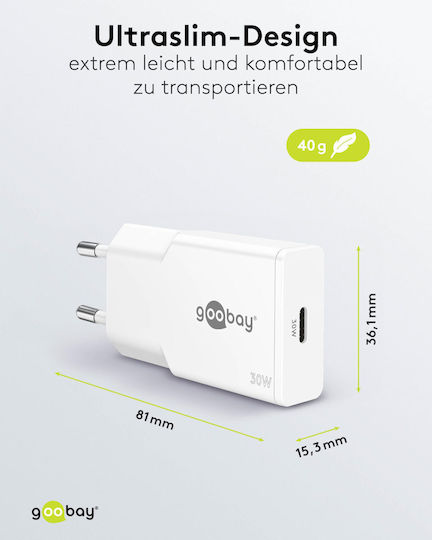Goobay Φορτιστής Χωρίς Καλώδιο GaN με Θύρα USB-C 30W Power Delivery Λευκός (75736)