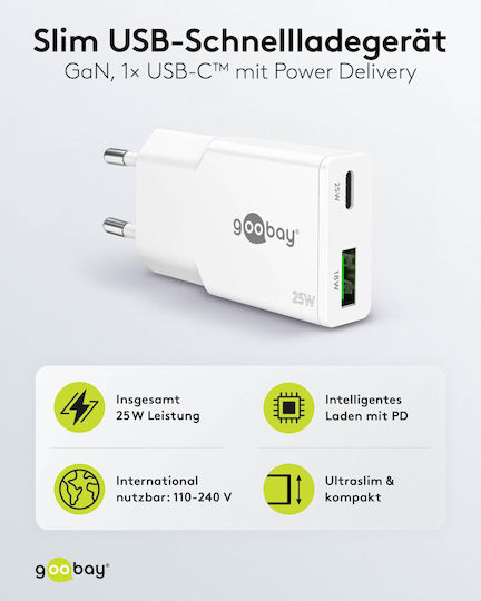 Goobay Φορτιστής Χωρίς Καλώδιο GaN με Θύρα USB-A και Θύρα USB-C 25W Power Delivery Λευκός (75734)