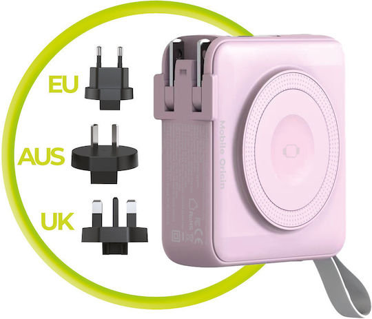 Mobile Origin PBT-03L-PNK MagSafe Power Bank 10000mAh 20W with USB-A Port and USB-C Port Power Delivery Pink