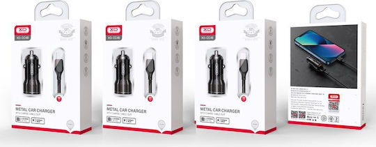 XO Auto-Ladegerät 12W 2.4A mit Anschlüssen: 2xUSB mit Kabel Typ-C,TC-TC Schwarz Farbe
