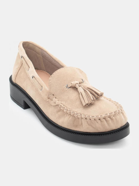 Leather Women's Loafers in Beige Color