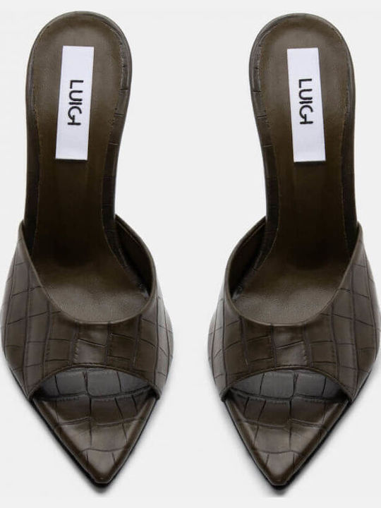 Leather Women's Mules with Thin High Heel in Khaki Color