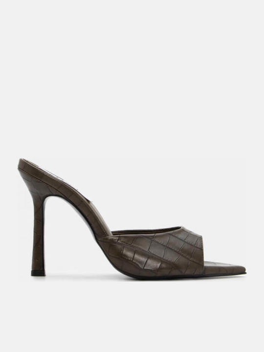 Leather Women's Mules with Thin High Heel in Khaki Color