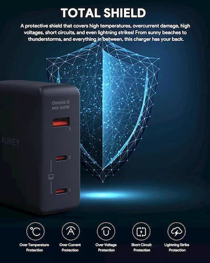 Aukey Incarcator Cu Port USB-A Și 2 Porturi USB-C Și Cablu USB-C USB-C 140W Negru (PA-B7O)