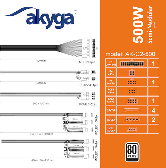 Akyga AK-C2-500 500W Black Computer Power Supply Semi Modular