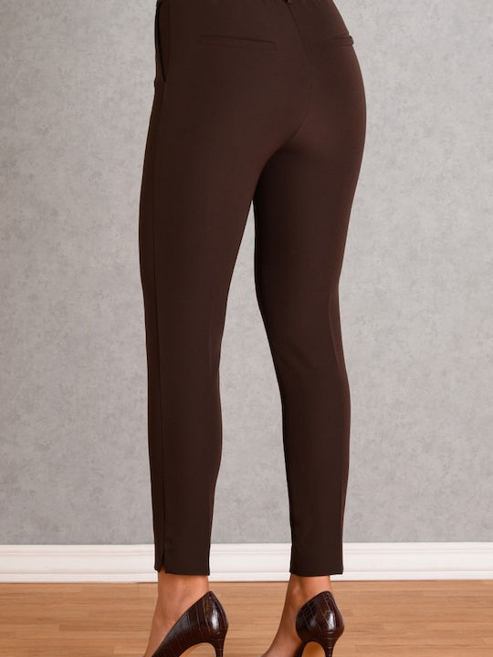 Women's High-waisted Fabric Trousers with Elastic Slim Fit Brown