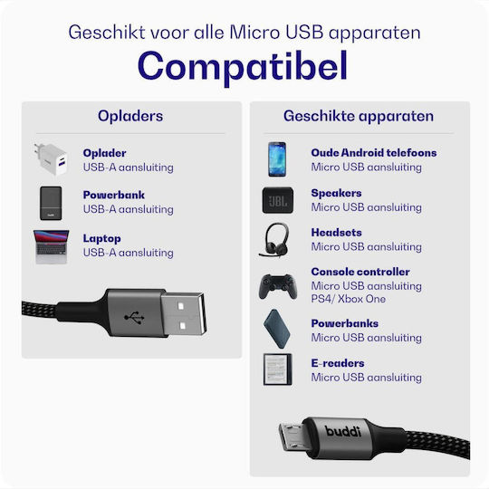 Buddi Regular USB 2.0 to micro USB Cable Μαύρο 2m 1τμχ