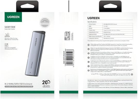 Ugreen Θήκη για Σκληρό Δίσκο M.2 SATA III NVME με σύνδεση SATA USB 3.2 Serial Type-C